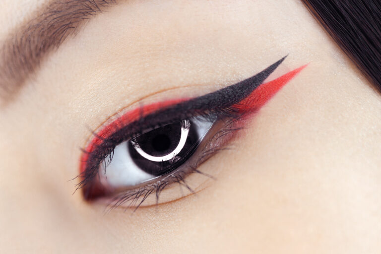 Beautiful macro shot of female eye with creative asian makeup. Perfect skin. Cosmetics and make-up concept. Closeup macro shot of fashion eyes visage