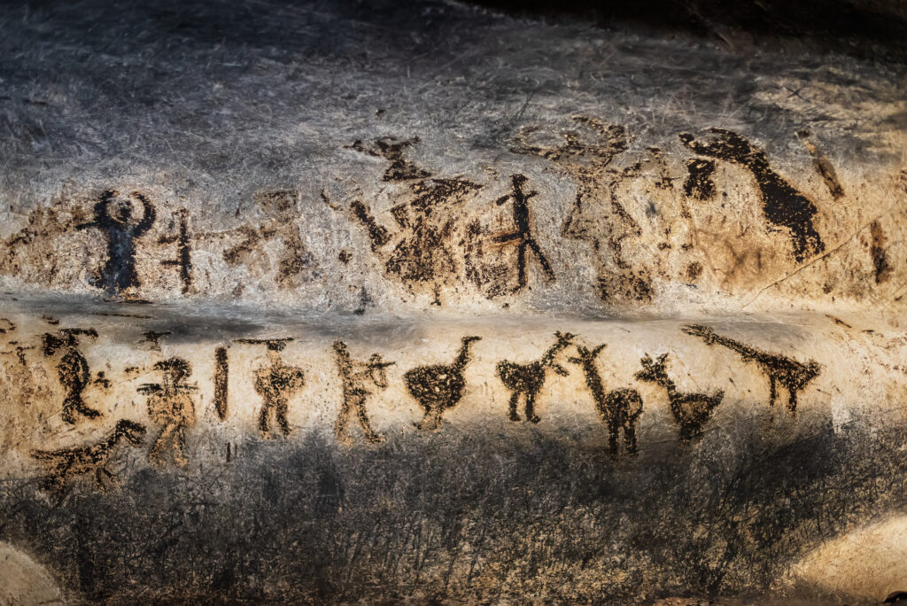 Prehistoric art wall cave paintings  dating from Epipaleolithic (Stone Age), Neolithic (New Stone Age), Eneolithic (Stone-Copper Age) and the beginning of the Early Bronze Age, the Magura cave in Bulgaria.
