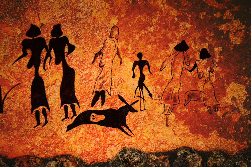 Cave painting of primitive commune on the wall